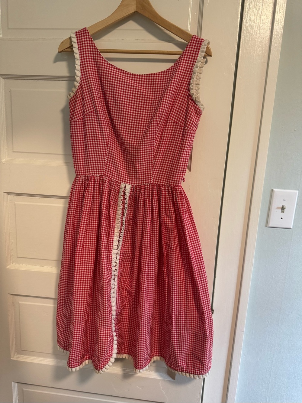 Red Gingham Sleeveless Fit-and-Flare Dress with White Trim